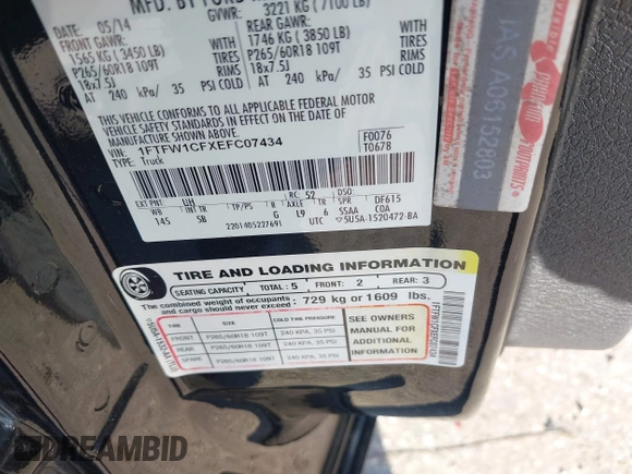 2014 Ford F-150 XL with VIN 1FTFW1CFXEFC07434, listed as a IAAI auction lot 41753193 with 112,455 mi miles and . Bid and sale history available at DreamBid. Image 9.