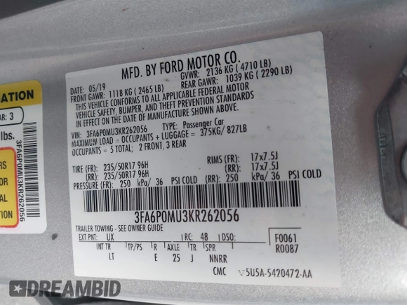 2019 Ford Fusion Hybrid SEL with VIN 3FA6P0MU3KR262056, listed as a IAAI auction lot 41643020 with 1 mi miles. Bid and sale history available at carsss.com. Image 9.