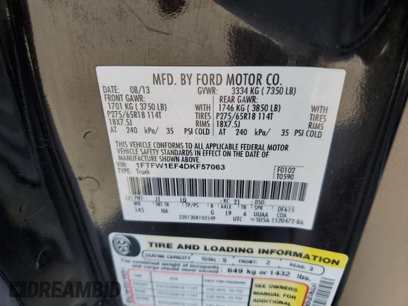 2013 Ford F-150 XL with VIN 1FTFW1EF4DKF57063, listed as a Copart auction lot 48225585 with 272,515 mi miles and Salvage Title. Bid and sale history available at carsss.com. Image 12.