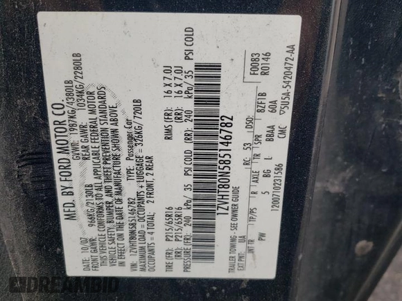 2008 Ford Mustang Deluxe with VIN 1ZVHT80N585146782, listed as a Copart auction lot 60792295 with Not provided miles and Salvage title. Bid and sale history available at DreamBid. Image 13.