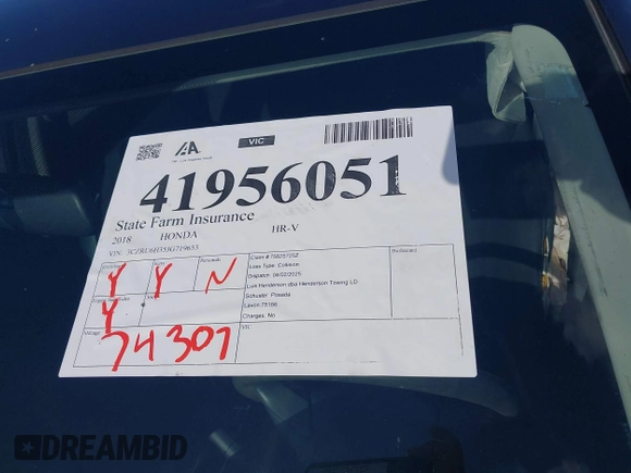 2018 Honda HR-V LX with VIN 3CZRU6H35JG719653, listed as a IAAI auction lot 41956051 with 74,307 mi miles. Bid and sale history available at carsss.com. Image 17.