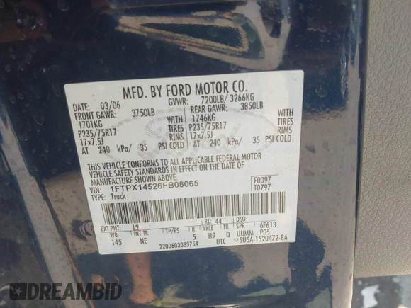 2006 Ford F-150 XLT с VIN 1FTPX14526FB08065, выставлен на аукционе IAAI как лот 42410587 с пробегом 210 000 миль миль и . История ставок и продаж доступна на DreamBid. Изображение 9.