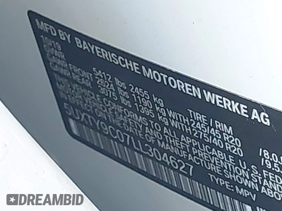 2020 BMW X3 M40i with VIN 5UXTY9C07LL304627, listed as a IAAI auction lot 40809468 with 35,097 mi miles and . Bid and sale history available at DreamBid. Image 9.