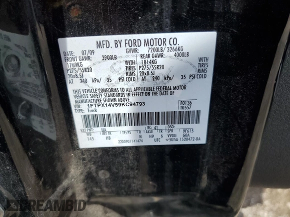 2009 Ford F-150 XL with VIN 1FTPX14V59KC94793, listed as a Copart auction lot 63944495 with 231,181 mi miles and Clean title. Bid and sale history available at DreamBid. Image 12.