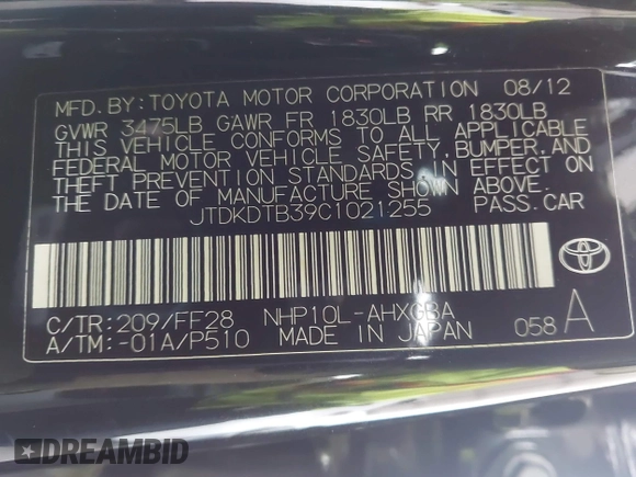 2012 Toyota Prius One with VIN JTDKDTB39C1021255, listed as a IAAI auction lot 42044059 with 190,989 mi miles. Bid and sale history available at carsss.com. Image 9.