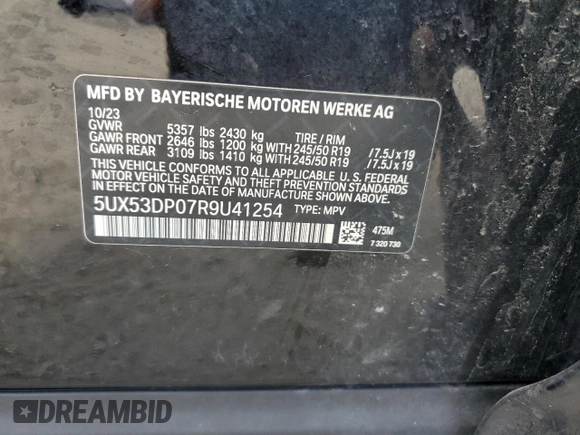 2024 BMW X3 xDrive30i with VIN 5UX53DP07R9U41254, listed as a Copart auction lot 50654335 with 10,357 mi miles and Salvage Title. Bid and sale history available at DreamBid. Image 13.