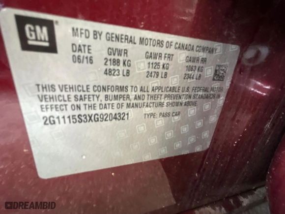 2016 Chevrolet Impala LT with VIN 2G1115S3XG9204321, listed as a Copart auction lot 54631465 with 62,859 mi miles and Clean Title. Bid and sale history available at carsss.com. Image 10.