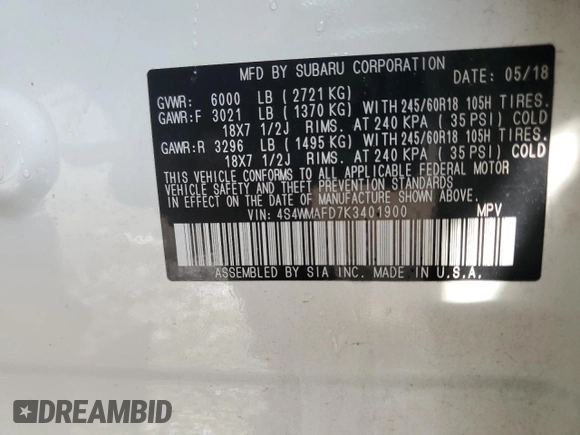 2019 Subaru Ascent Premium with VIN 4S4WMAFD7K3401900, listed as a Copart auction lot 60243585 with 110,334 mi miles and Salvage title. Bid and sale history available at DreamBid. Image 14.
