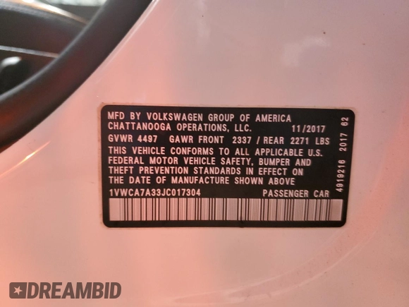 2018 Volkswagen Passat SEL Premium z VIN 1VWCA7A33JC017304, wystawiony jako Copart lot #86557824 z przebiegiem 74 001 mil mil oraz Szkoda całkowita • Salvage title. Historia ofert i sprzedaży dostępna na DreamBid. Obrazek 12.