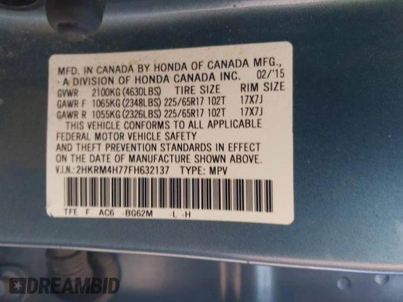 2015 Honda CR-V EX-L with VIN 2HKRM4H77FH632137, listed as a IAAI auction lot 42158111 with 172,531 mi miles. Bid and sale history available at carsss.com. Image 9.