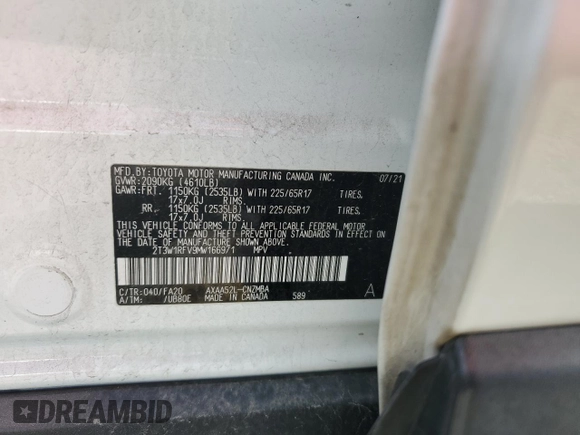 2021 Toyota RAV4 XLE with VIN 2T3W1RFV9MW166971, listed as a Copart auction lot 52300085 with 43,178 mi miles and Salvage Title. Bid and sale history available at carsss.com. Image 13.