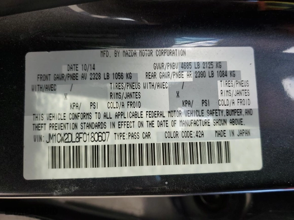 2015 Mazda Mazda5 Grand Touring with VIN JM1CW2DL8F0180607, listed as a Copart auction lot 75585224 with 47,954 mi miles and Salvage Title. Bid and sale history available at carsss.com. Image 13.