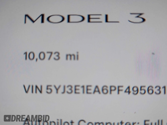 2023 Tesla Model 3 with VIN 5YJ3E1EA6PF495631, listed as a IAAI auction lot 41568118 with 10,073 mi miles and . Bid and sale history available at DreamBid. Image 16.