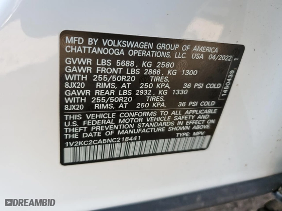 2022 Volkswagen Atlas Cross Sport 2.0T SE w/Technology with VIN 1V2KC2CA5NC218441, listed as a Copart auction lot 70404154 with 37,474 mi miles and Salvage Title. Bid and sale history available at carsss.com. Image 12.