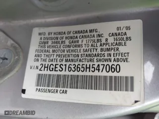2005 Honda Civic Sdn VP with VIN 2HGES16365H547060, listed as a IAAI auction lot 42042202 with 222,680 mi miles. Bid and sale history available at carsss.com. Image 9.