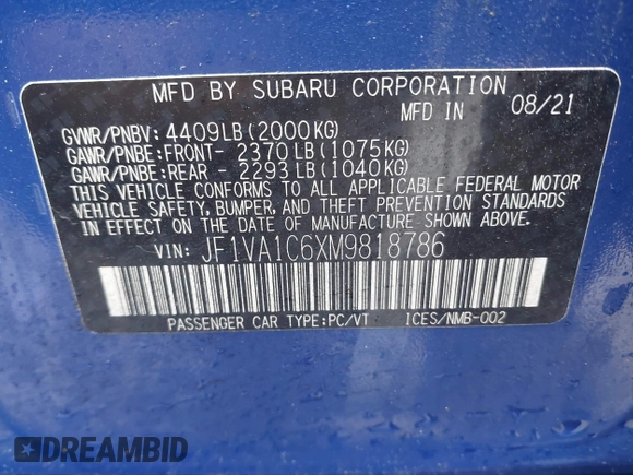 2021 Subaru WRX Premium z VIN JF1VA1C6XM9818786, wystawiony jako IAAI lot #42182203 z przebiegiem 52 535 mil mil oraz . Historia ofert i sprzedaży dostępna na DreamBid. Obrazek 9.