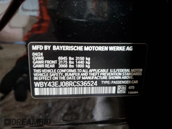 2024 BMW i7 eDrive50 z VIN WBY43EJ08RCS36524, wystawiony jako Copart lot #68248234 z przebiegiem 46 mil mil oraz Szkoda całkowita • Salvage title. Historia ofert i sprzedaży dostępna na DreamBid. Obrazek 13.