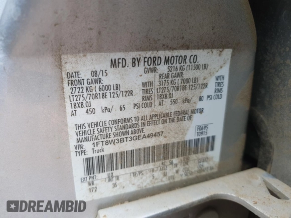 2016 Ford F-350 Platinum with VIN 1FT8W3BT3GEA49457, listed as a Copart auction lot 60331625 with Not provided miles and Salvage title. Bid and sale history available at DreamBid. Image 12.