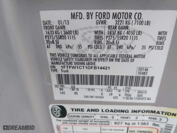 2013 Ford F-150 XL with VIN 1FTFW1CT1DFB14421, listed as a IAAI auction lot 41698573 with 243,033 mi miles. Bid and sale history available at carsss.com. Image 9.
