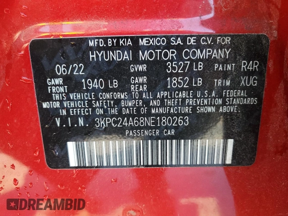 2022 Hyundai Accent SE with VIN 3KPC24A68NE180263, listed as a Copart auction lot 50977145 with 33,320 mi miles and Salvage Title. Bid and sale history available at DreamBid. Image 12.
