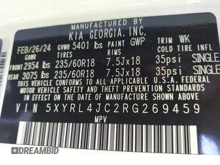 2024 Kia Sorento S with VIN 5XYRL4JC2RG269459, listed as a IAAI auction lot 42666445 with 29,478 mi miles and . Bid and sale history available at DreamBid. Image 9.