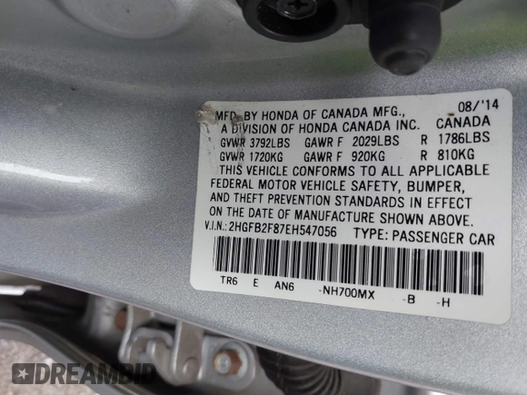 2014 Honda Civic Sedan EX with VIN 2HGFB2F87EH547056, listed as a IAAI auction lot 40908800 with 119,313 mi miles. Bid and sale history available at carsss.com. Image 9.