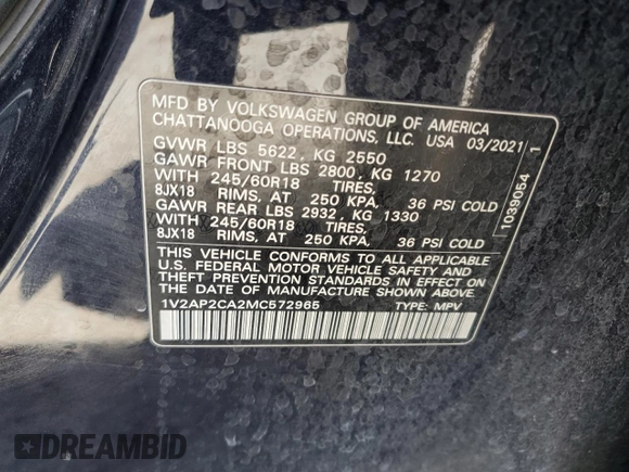 2021 Volkswagen Atlas S with VIN 1V2AP2CA2MC572965, listed as a Copart auction lot 58423045 with 87,765 mi miles and Salvage title. Bid and sale history available at DreamBid. Image 13.