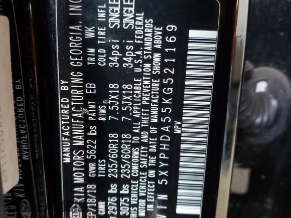 2019 Kia Sorento EX with VIN 5XYPHDA55KG521169, listed as a Copart auction lot 87965365 with 86,465 mi miles and Salvage Title. Bid and sale history available at DreamBid. Image 16.