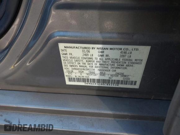 2006 Nissan Maxima 3.5 SE with VIN 1N4BA41E46C841534, listed as a IAAI auction lot 41698242 with 203,574 mi miles. Bid and sale history available at carsss.com. Image 9.