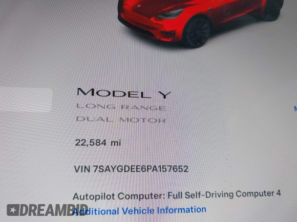 2023 Tesla Model Y Long Range with VIN 7SAYGDEE6PA157652, listed as a IAAI auction lot 41866777 with 22,584 mi miles. Bid and sale history available at carsss.com. Image 7.