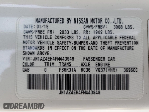 2015 Nissan 370Z with VIN JN1AZ4EH4FM443949, listed as a Copart auction lot 79944063 with 40,397 mi miles. Bid and sale history available at carsss.com. Image 12.