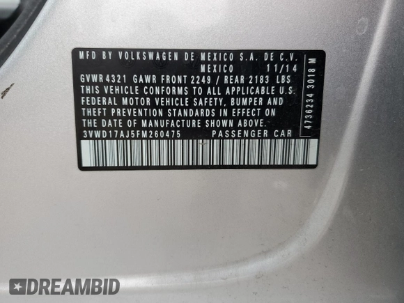 2015 Volkswagen Jetta SE with VIN 3VWD17AJ5FM260475, listed as a Copart auction lot 84764864 with 119,189 mi miles and Salvage title. Bid and sale history available at DreamBid. Image 12.
