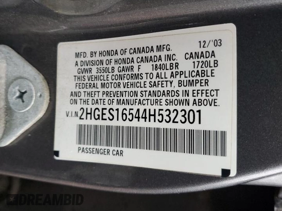 2004 Honda Civic LX with VIN 2HGES16544H532301, listed as a Copart auction lot 85538804 with 69,604 mi miles and Salvage Title. Bid and sale history available at DreamBid. Image 12.