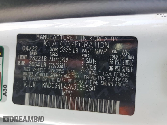 2022 Kia EV6 Wind with VIN KNDC34LA2N5056550, listed as a Copart auction lot 49640585 with 72,670 mi miles and Salvage Title. Bid and sale history available at carsss.com. Image 13.