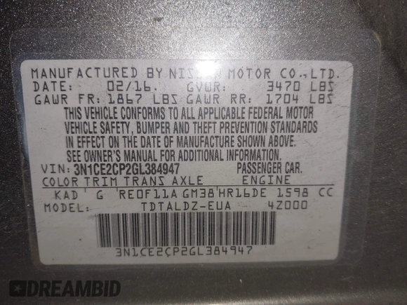 2016 Nissan Note S Plus with VIN 3N1CE2CP2GL384947, listed as a IAAI auction lot 41262843 with 96,089 mi miles and . Bid and sale history available at DreamBid. Image 9.