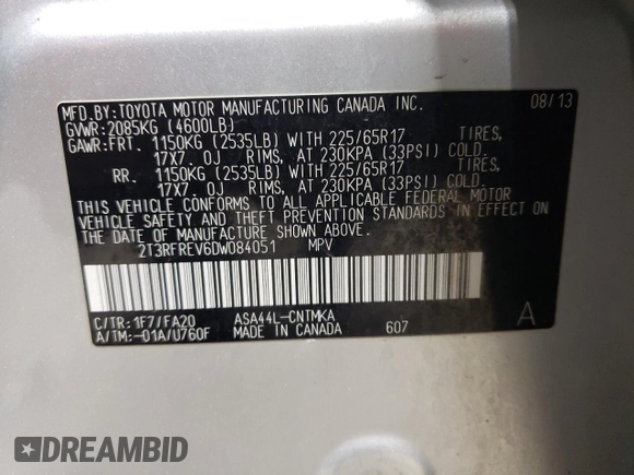 2013 Toyota RAV4 XLE with VIN 2T3RFREV6DW084051, listed as a Copart auction lot 52936425 with 232,209 mi miles and Salvage Title. Bid and sale history available at carsss.com. Image 13.