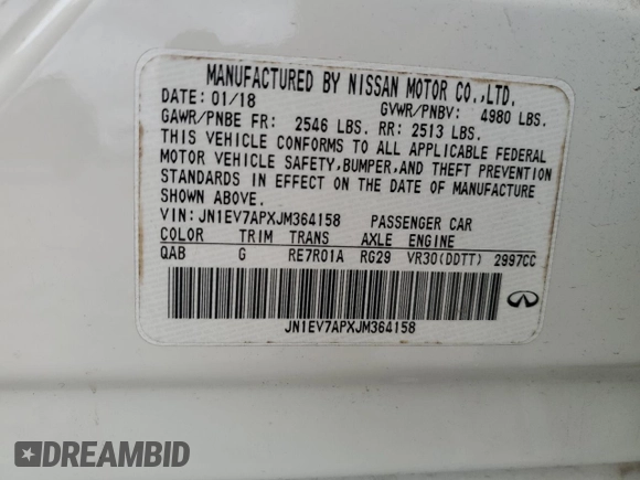 2018 Infiniti Q50 Luxe with VIN JN1EV7APXJM364158, listed as a Copart auction lot 60729825 with 88,018 mi miles and Salvage title. Bid and sale history available at DreamBid. Image 13.