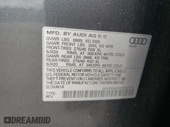 2014 Audi Q7 S line Prestige with VIN WA1DGAFE8ED007147, listed as a Copart auction lot 60311395 with 176,541 mi miles and Salvage title. Bid and sale history available at DreamBid. Image 13.