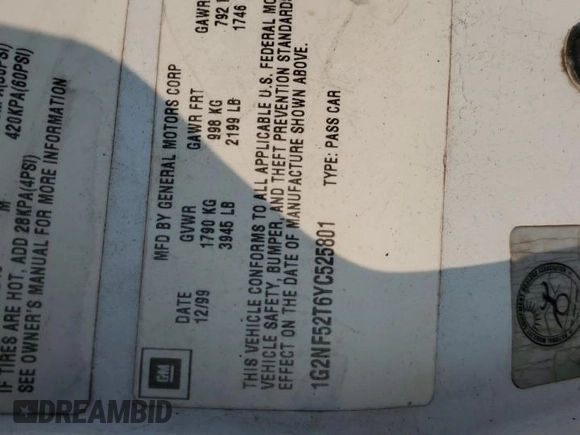 2000 Pontiac Grand Am SE1 with VIN 1G2NF52T6YC525801, listed as a Copart auction lot 59334335 with Not provided miles and Salvage title. Bid and sale history available at DreamBid. Image 13.