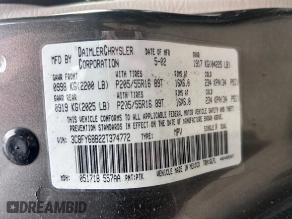 2002 Chrysler PT Cruiser Limited with VIN 3C8FY68B22T374772, listed as a Copart auction lot 77715434 with 192,693 mi miles and Clean Title. Bid and sale history available at carsss.com. Image 10.