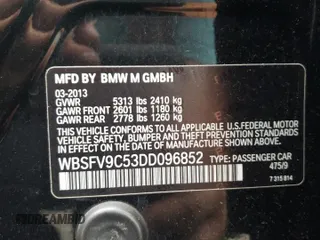 2013 BMW M5 with VIN WBSFV9C53DD096852, listed as a Copart auction lot 65917404 with 0 mi miles and Salvage Title. Bid and sale history available at carsss.com. Image 12.