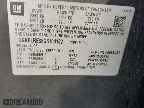 2016 GMC Terrain Denali with VIN 2GKFLRE38G6184182, listed as a Copart auction lot 55702495 with 134,698 mi miles and Salvage title. Bid and sale history available at DreamBid. Image 13.