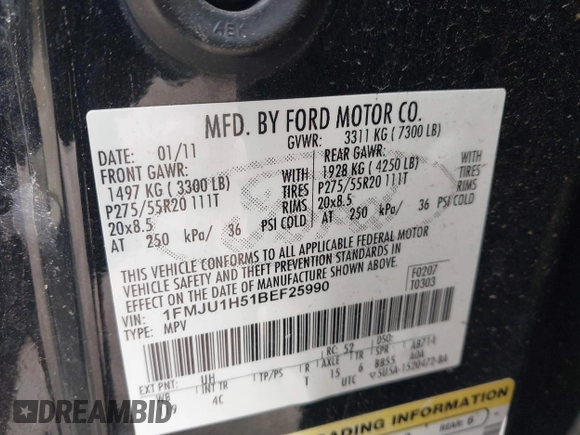 2011 Ford Expedition XLT with VIN 1FMJU1H51BEF25990, listed as a IAAI auction lot 42273952 with 152,877 mi miles and . Bid and sale history available at DreamBid. Image 9.