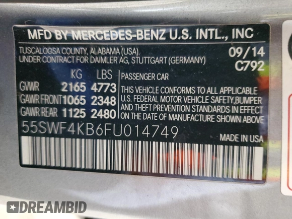 2015 Mercedes-Benz C 300 Luxury with VIN 55SWF4KB6FU014749, listed as a Copart auction lot 55673185 with 152,729 mi miles and Clean title. Bid and sale history available at DreamBid. Image 12.