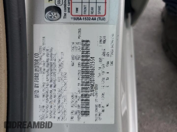 2008 Lincoln MKZ z VIN 3LNHM28T08R621554, wystawiony jako Copart lot #54532325 z przebiegiem 170 711 mil mil oraz Szkoda całkowita • Salvage title. Historia ofert i sprzedaży dostępna na DreamBid. Obrazek 12.