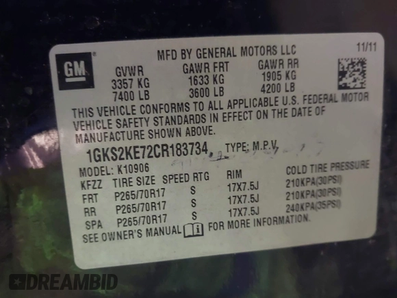 2012 GMC Yukon XL SLT with VIN 1GKS2KE72CR183734, listed as a IAAI auction lot 41116939 with 1 mi miles. Bid and sale history available at carsss.com. Image 9.
