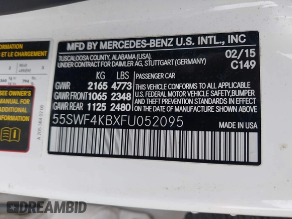 2015 Mercedes-Benz C-Class C 300 Luxury with VIN 55SWF4KBXFU052095, listed as a IAAI auction lot 41792142 with 104,177 mi miles. Bid and sale history available at carsss.com. Image 9.
