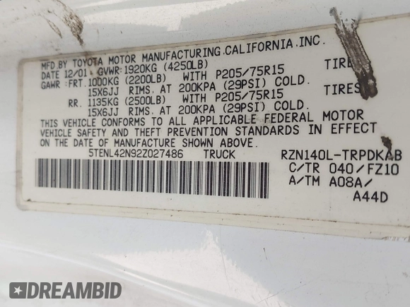 2002 Toyota Tacoma z VIN 5TENL42N92Z027486, wystawiony jako IAAI lot #41819045 z przebiegiem 252 777 mil mil oraz . Historia ofert i sprzedaży dostępna na DreamBid. Obrazek 9.