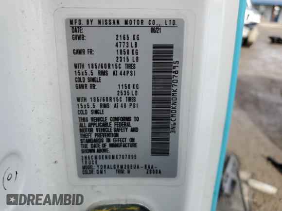 2021 Nissan NV200 S with VIN 3N6CM0KN0MK707895, listed as a Copart auction lot 47294525 with Not provided miles and Salvage title. Bid and sale history available at DreamBid. Image 14.