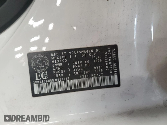 2021 Volkswagen Jetta S with VIN 3VWC57BU5MM027637, listed as a Copart auction lot 57163895 with 114,055 mi miles and Non repairable. Bid and sale history available at DreamBid. Image 12.